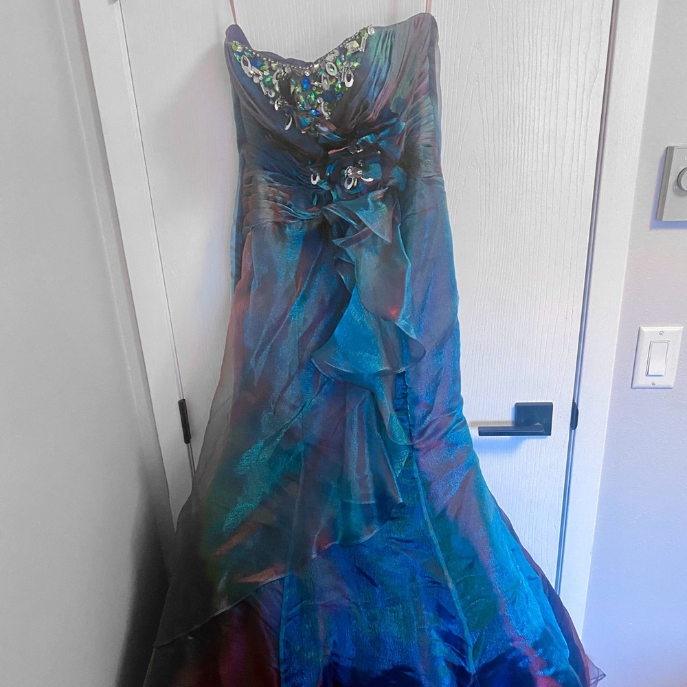 Blush Iridescent Peacock Feather Mermaid Prom Dress